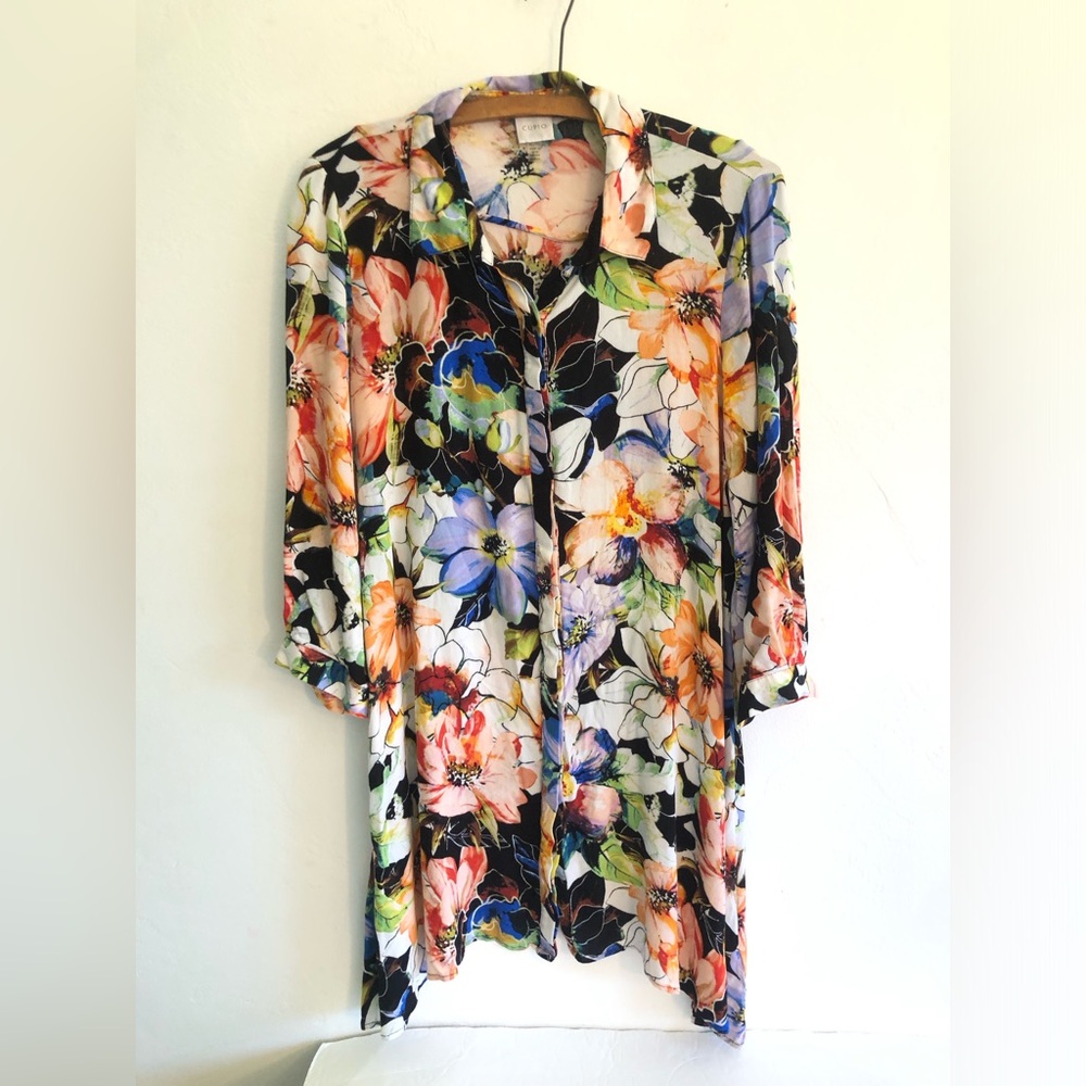 Cupio Blouse Women's XL Asymmetrical  Floral Soft Top Shirt Tunic Flowy